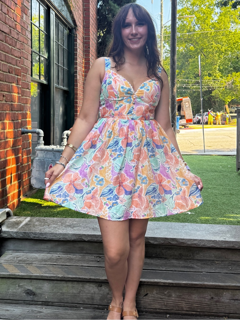 Floral Sundress with Sweetheart Neckline - Pastel Multi